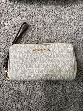 Michael Kors Cream Signature MK Logo Zip Wristlet with Brown Strap